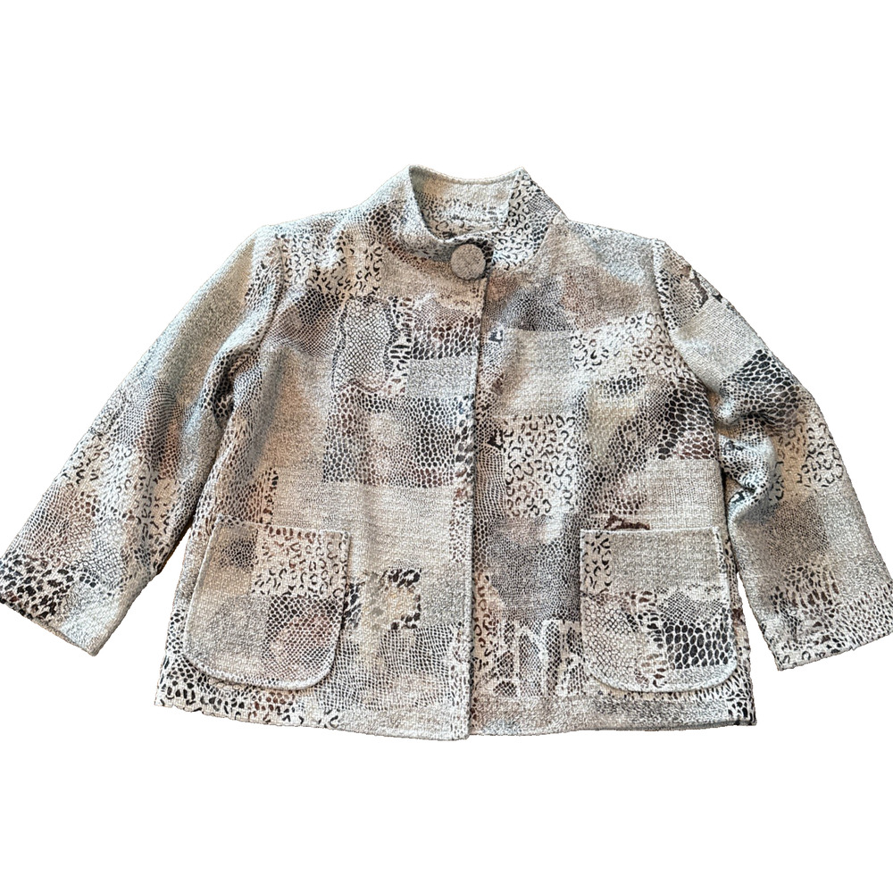Grace Chuang New York Crop Jacket M Open Front White Black Embossed Animal Print